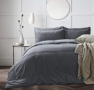 WASHED LINEN Look Bedding DUVET COVER SET WITH PILLOW CASE Soft Touch Plain Brushed Microfiber Quilt Cover Bed Set (Silver, King)