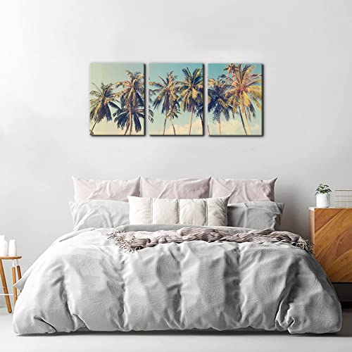 Pacimo Canvas Print Wall Art Set Row Of California Palm Trees & Blue Sky Nature Wilderness Photography Realism Chic Scenic Seaside Landscape Pictures Giclee Artwork Stretched Framed - 12"X16"X3 Panels #TOP2