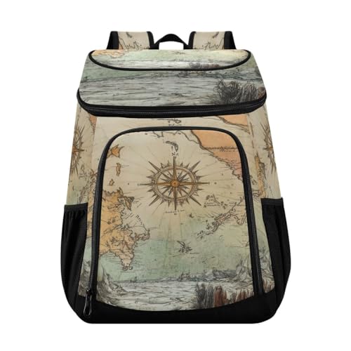 Compass Rose Map Beige Cooler Backpack Leakproof Insulated Lunch Cooler Bag 30 Cans Camping Backpacks for Beach Road Trip Picnic