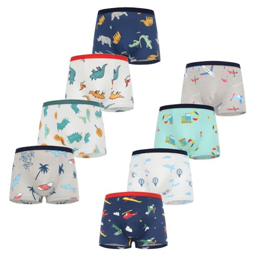 FedMois - FedMois Culotte Garçon Coton Boxer sous-vêtement 3-11 Ans, Lot de 8, Dinosaures et Avions, 3-5 Ans