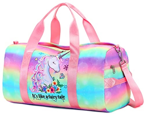 BTOOP Bolsa de lona para gimnasio, deportes, mujeres y niñas, bolsa de viaje con compartimento para zapatos y bolsillo húmedo (unicornio teñido anudado), Unicornio arcoíris transversal