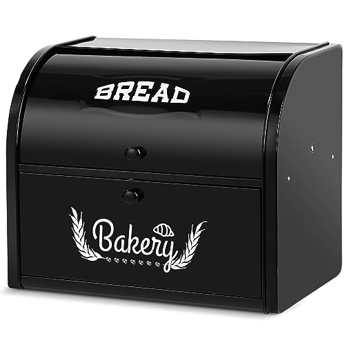 Large Capacity Double Compartment Bread Box Roll Top Bread Box Kitchen Food Storage Bin, Metal Bread Container, Counter-top Bread Keeper Double Layer Bread Storage,No Installation Required (Black)