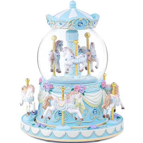 Music Box Carousel Snow Globe, Anniversary Christmas Birthday Gifts for Girls Mom Friend Daughter, Unicorn Music Boxes Carousel Horse with Lights Play You are My Sunshine