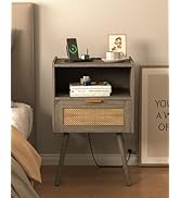 Veegle Rattan Nightstand with Outlet,Modern Bedside Table with Storage Drawer and Open Wood Shelf...