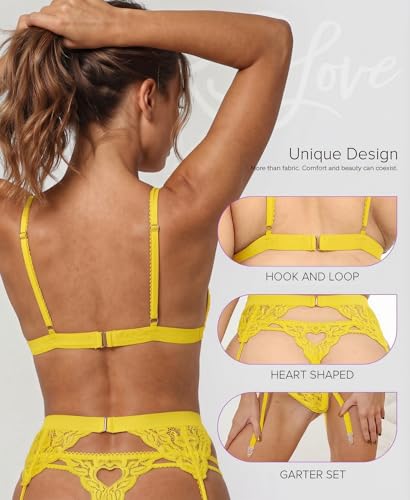 Image of RSLOVE Women Lingerie Set with Garter Belt | Heart Cutout Lace Design, Adjustable Fit, Soft Stretch Fabric, 3 Piece Romantic Lingerie Set