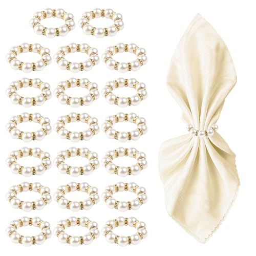 20PCS Gold Napkin Rings Imitation Pearl Napkin Rings Napkin Holder Elegant Round Napkin Buckles Beaded for Wedding Party Dinner Holiday Christmas Thanksgiving Day Home Table Decoration(White and Gold)