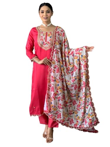 Image of Naixa Women's Pure Cotton Embroidered Straight Kurta with Pant and Dupatta Sets for Wedding and Festival Wear
