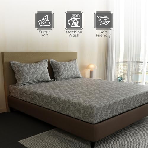Image of Layers 100% Cotton Bedsheet for Double Size Bed | Lumina Floret Collection | 144 TC Soft & Breathable | Floral Print with 2 Pillow Covers | Wrinkle Free & Colorfast | 3 Piece Bedding Set - Grey