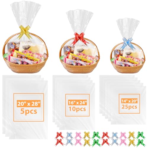 90PCS Shrink Wrap Bags for Christmas Gift Basket 20x28 16x24 14x20in 3 Sizes Cellophane Bags with 5Color Pull Bows Large Clear Plastic Heat Shrink Bag for Halloween Easter Valentines Day Mothers Day