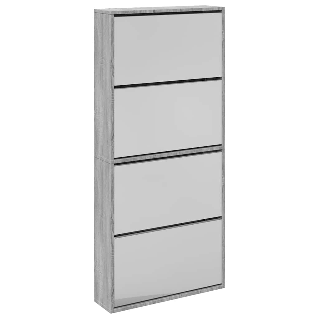 Zapatero con espejo 4 compartimentos basculantes gris Sonoma 63 x 17 x 134 cm, zapatero para pasillo y entrada, diseño moderno con mucho espacio de almacenamiento