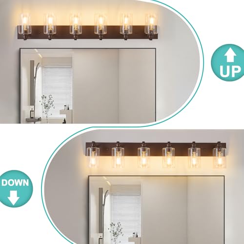 Image of 6-Light Bathroom Light Fixtures Modern ORB Vanity Lights | Easy to Install Clear Glass Shades, Wall Mount Up or Down, E26 Socket, Hardwired, 124V