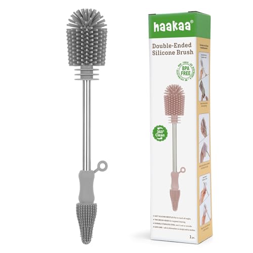 Image of Haakaa Silicone Bottle Brush for Baby Bottles & Crevices, SUVA Grey, 1PK | Double-Ended Bottle Brush for Breast Pumps, Milk Collectors, Nipples and Breastmilk Storage Bags, Food-Grade Silicone