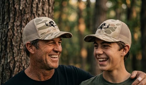 Image of Heritage Pride Deer Hunting Fishing Duck Hunt Mens Embroidered Mesh Back Trucker Hat, Harvest Duck Camo /Light Tan