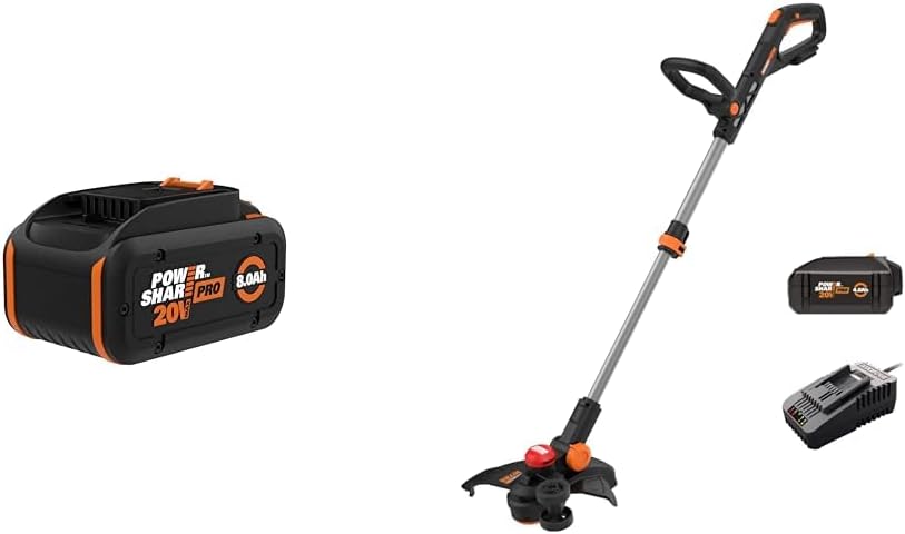 WORX 20V Power Share PRO 8.0AH Battery & Nitro 20V 13" 3-in-1 Cordless String Trimmer Edger Mini-Mower with Brushless Motor