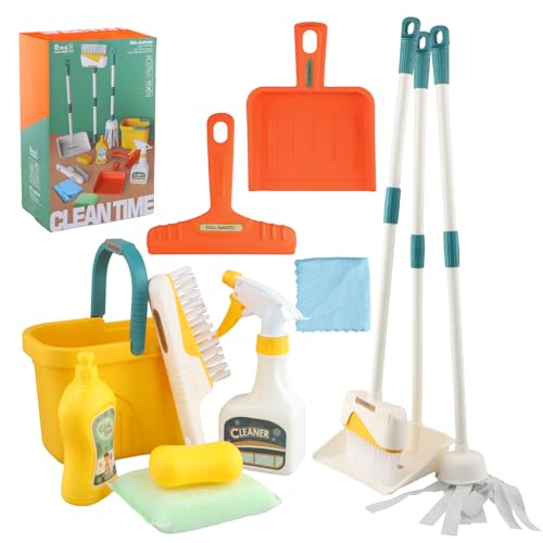 Focenat Juguetes de Limpieza para Niños, 12 Piezas Set Limpieza Juguete, Escoba y Recogedor Niños, Escoba Juguete con Trapeador, Cepillos, Kit de Limpieza Juguetes para Niños de hasta 3 Años