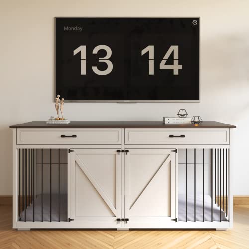 Dog Crate Furniture Indoor - Wooden Dog Kennel With Room Divider And 2 Drawer, Double Doors With Locks,72”X23”X34”H,White #TOP2