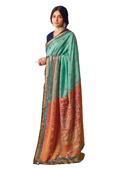 THATH BANARAS Women Paithani And Brasso Silk Printed Saree with Designer Blouse Piece (Color:- Blue & Peach)