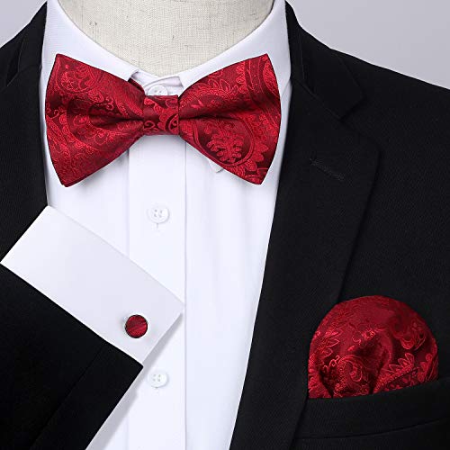 Image of HISDERN Bow Ties for Men Pretied Bow Tie Set Paisley Classic Bowties and Pocket Square Cufflinks Set for Wedding Party