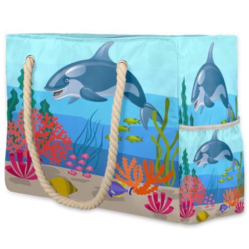 Cartoon Shark Fish Coral Beach Bag for Women Waterproof Sandproof Tote with Zipper Cotton Rope Handles for Travel Pool Gym Shopping