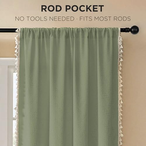 Image of Joydeco Linen Sage Green Boho Curtains 63 Inch, 2 Panels with Tassels | Super Soft Farmhouse Drapes, Semi Sheer Light Filtering, Natural Look for Bedroom Living Room, Modern Boho Decor
