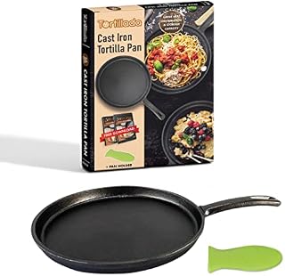 Tortillada  26cm Pre Seasoned Cast Iron Griddle/Pan + Hot Handle Holder + Recipes E-Book 50 Tortilla Recipes