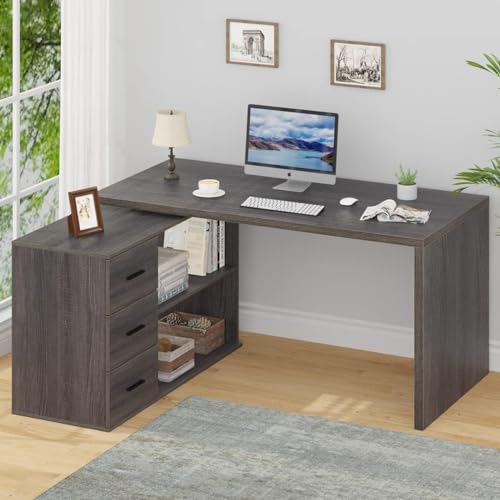 Image of L Shaped Desk with Drawers, L Shape Computer Desk with Storage Cabinet Shelves, Reversible Modern Industrial Home Office Corner Desk, Rustic Wood Executive Writing Gaming Study Table,