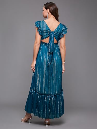 Image of Miss Chase Women's Round Neck Sleeve Embellished Fit Flare Maxi Dress