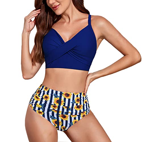 Daysskk Bikini para mujer, traje de baño de dos piezas, diseño floral, cintura alta, Flores 7, L