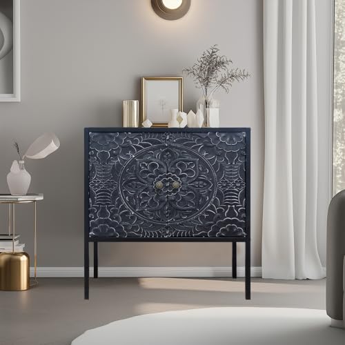 G-LEAF Sideboard Kommode Vintage Boho Stil | Aufbewahrungsschrank mit 2 geschnitzten Türen & verstellbarem Regal| Holzplatte & Metall Beinen | Freistehend Schrank für Wohnzimmer, Flur, Küche, Schwarz