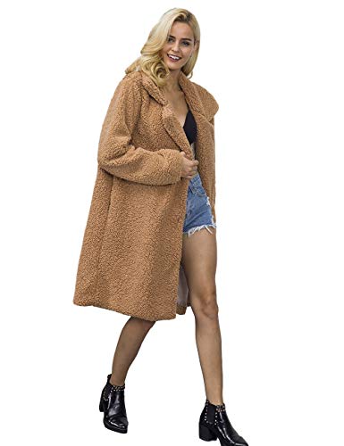 Women's Fuzzy Fleece Lapel Open Front Long Cardigan Coat Faux Fur Warm Winter Outwear Jackets with Pockets,Light Camel,M