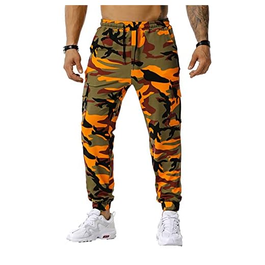 Générique Pantalon De Travail Homme Camouflage, Militaire Avec Cordon De Serrage, Jogging DéContracté, RandonnéE Avec Poches (Orange, M)