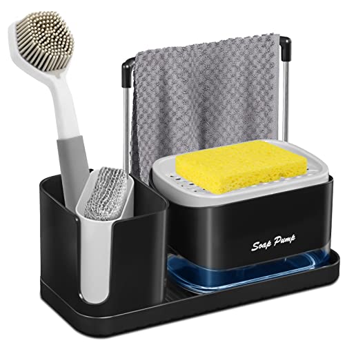 Spülbecken Organizer mit Küche Seifenspender und Schwammhalter, Spülbecken Caddy Organizer Flüssigkeitspumpe Waschmittel Lagerbehälter mit Geschirrtuchhalter und Spülbürste Halterung für Küche Cover