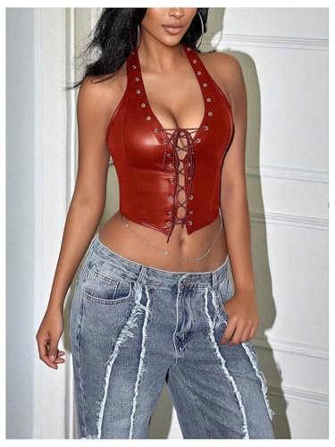 Image of WDIRARA Women's Punk PU Leather Halter Top Grommet Eyelet Tie Front Corset Crop Top