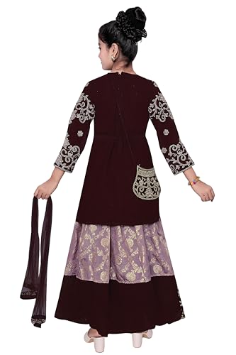 Kids Indian Girls Ethnic Kurta Lehenga Choli Dress Set with Sling, Velvet Fabric, Zari and Embroidery Work3