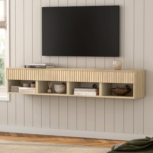 MoomJiee Juego de 4 soportes flotantes para TV con cajón y estante abierto, mesita de noche pequeña montada en la pared, moderna mesita de noche estriada para dormitorio, sala de estar, roble claro