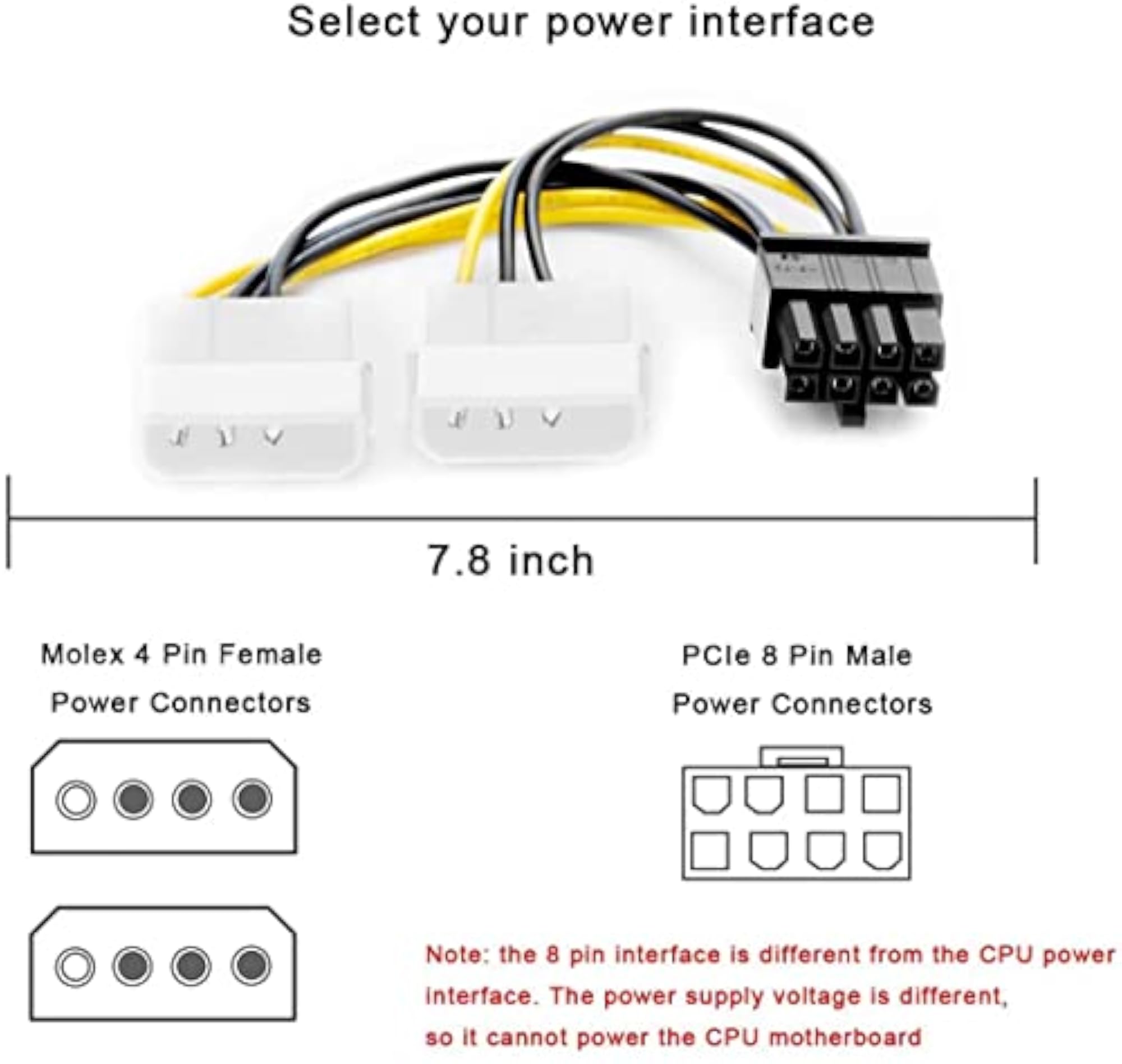 Dual 4Pin to 8Pin PCI Express Power Cable, Pack of 2