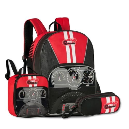Kit Escolar Meninos Mochila com Lancheira e Estojo Carros Fast Machine