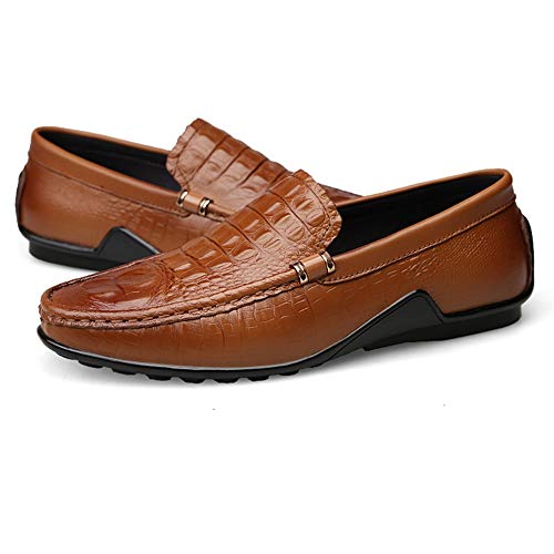 Fashion Embossed Penny Loafers for Men Genuine Leather Lightweight Comfortable Dress Wedding Casual Shoes Anti-Slip Flat Slip-on Round Toe(Brown,10 M US)2