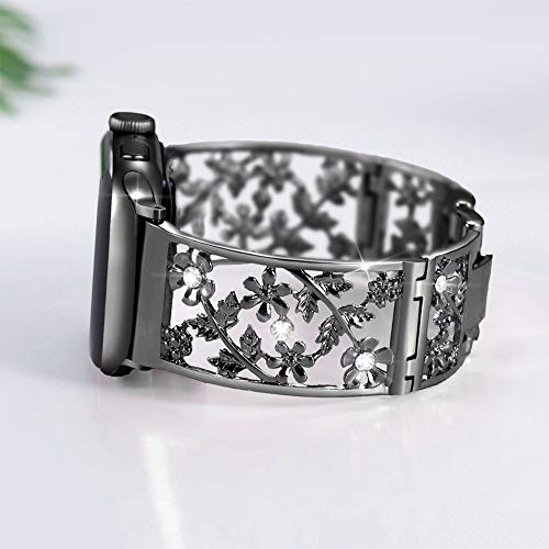 Image of Floral Band for Apple Watch Band, Women, Black, 42 /44 /45 /46 /49mm | Bling Crystal Bracelet Hollow Metal Strap, Delicate & Chic, Fits iWatch series 11 /10 /9 /8 /7, Ideal for Everyday & Casual