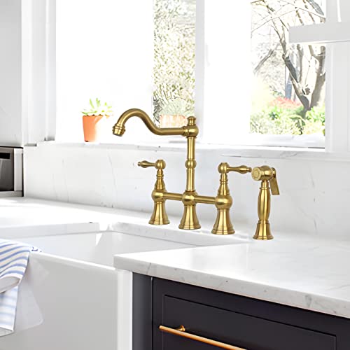 Two-Handles Bridge Kitchen Faucet With Side Sprayer (Brushed Gold) #TOP6