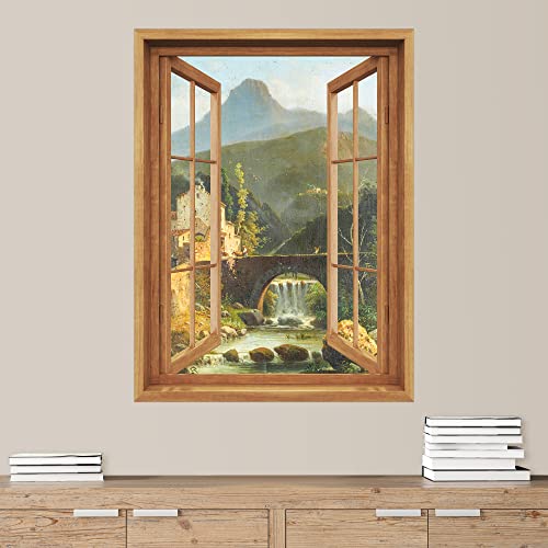 SIGNWIN Removable Wall Sticker/Wall Mural Window View Vintage European Bridge Mountain Nature Wilderness Fine Art Rustic Decorative Landscape Digital Art for Living Room, Bedroom, Office - 36"x48"