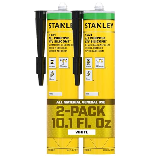 Stanley S421 RTV Silicone Caulk White (2 x 10.1 fl.oz.) - 100% Waterproof Industrial-Grade Silicone for Kitchen, Bathroom, Shower, Window, Door, Indoor &amp; Outdoor Use