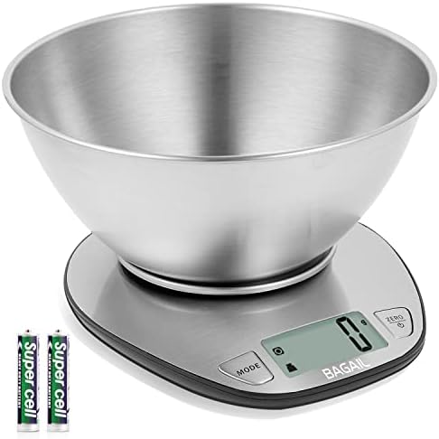 BAGAIL Electronic Kitchen Scale Premium Large Display Backing Scale Wet and Dry Food Weighing Scale with Stainless Steel Mixing Bowl - 5kg