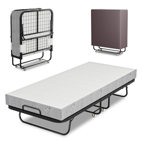 Eikuavons Lit pliant 90 x 200 cm avec matelas en mousse de 13 cm et housse de protection, sans montage, cadre pliable en métal stable, avec 4 roulettes,...