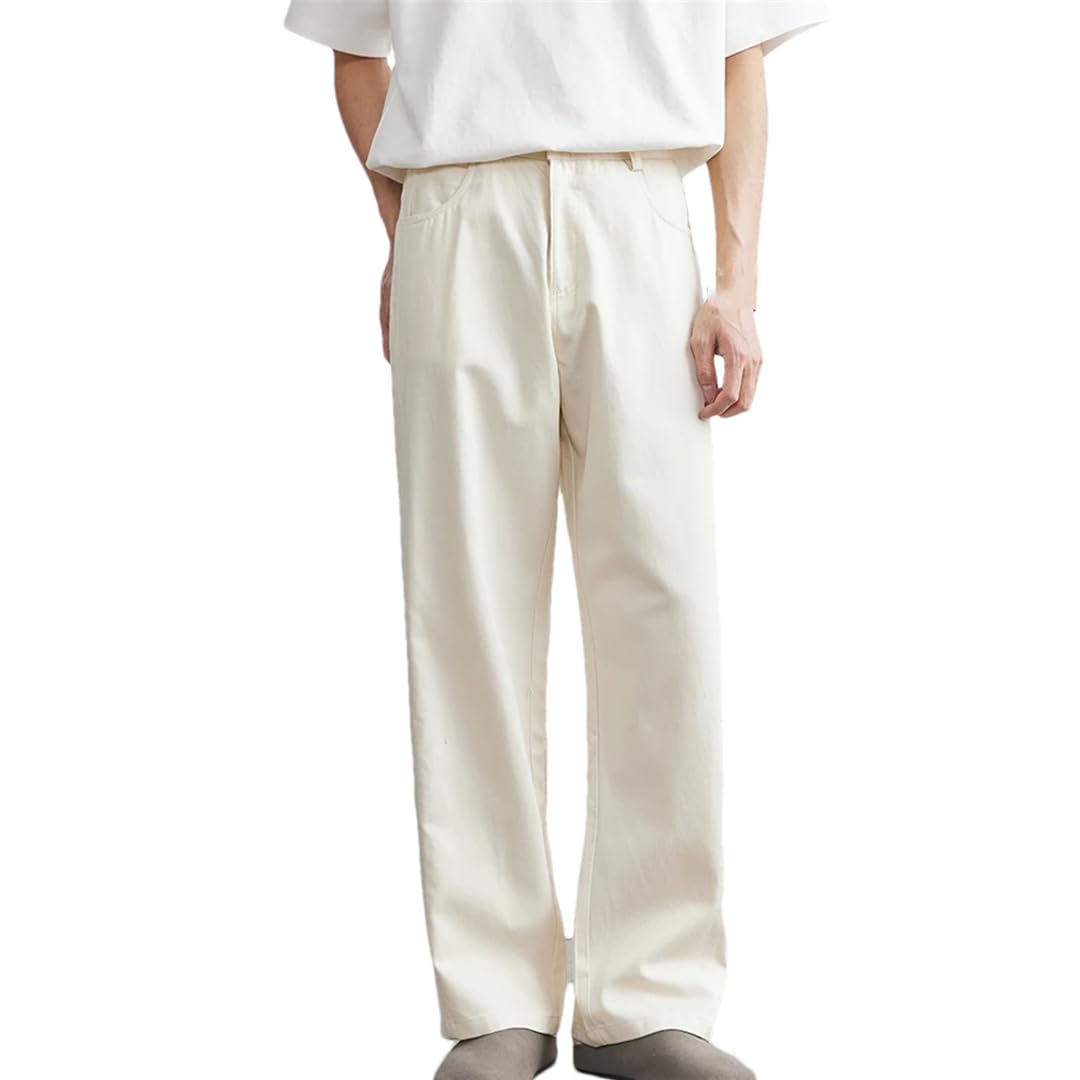 Mens Retro Washed Casual Pants Loose Straight Trousers Button Solid Color Stretch Work Dress Pants