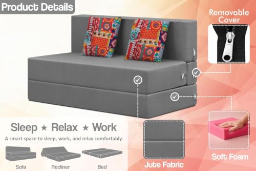 Image of Rosebell Two Seater Foldable Sofa Cum Bed (4x6 Feet) Jute Fabric, Washable Removable Cover, Includes 2 Cushion | Space Saving Sofa Bed for Home, Office & Guests - Grey