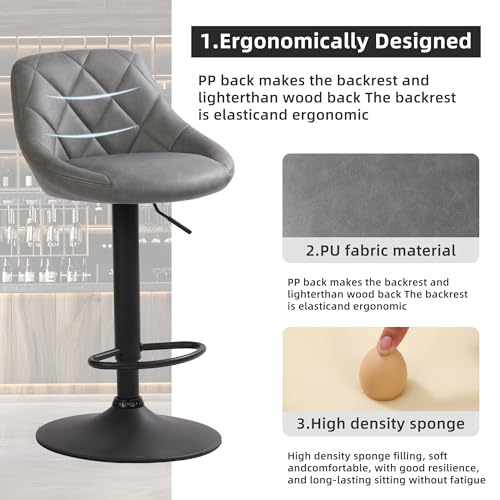Millhouse DM585 Modern Bar Stools Set, Leatherette Exterior, Adjustable Swivel Gas Lift, Black Footrest for Breakfast Bar, Counter, Kitchen (DM585 Vigo Grey) - Image 6