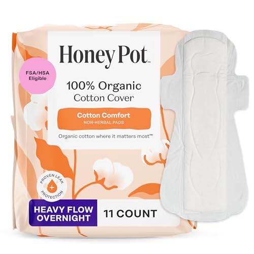 Image of The Honey Pot Company - Sanitary Pads for Women - Non-Herbal Heavy Overnight w /Wings - Organic Cotton Cover & Ultra-Absorbent Pulp Core - Feminine Care - 11 ct
