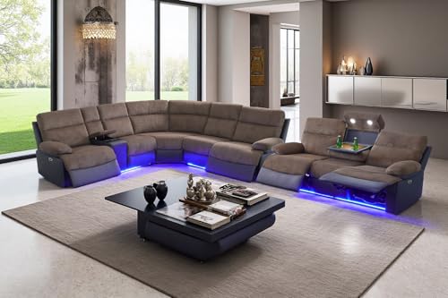 Image of Power Recliner Sectional Sofa Set with LED Lights, Living Room Furniture Sets, L Shaped Reclining Sectional Couch and 3 Seats Sofa, Corduroy Couch with Coffee Table /Storage for Living Room
