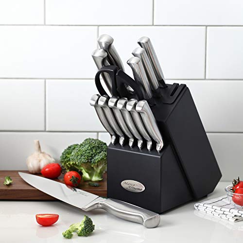 Marco Almond KYA28 Knife Set, 14 Pieces Japanese High Carbon Stainless Steel Cutlery Kitchen Knife Set with Hardwood Block, Hollow Handle Self Sharpening Knife Block Set, Black, Best Gift